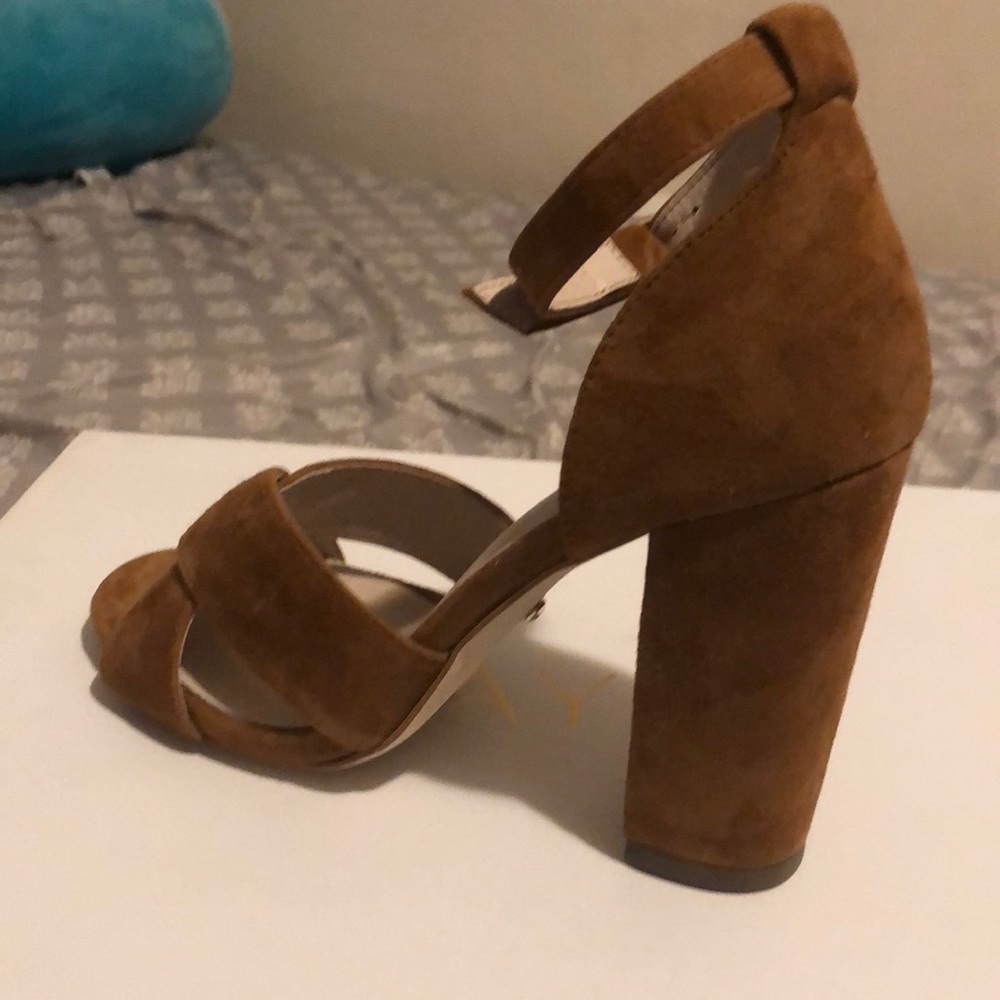 Brown suede leather ankle strap block heels